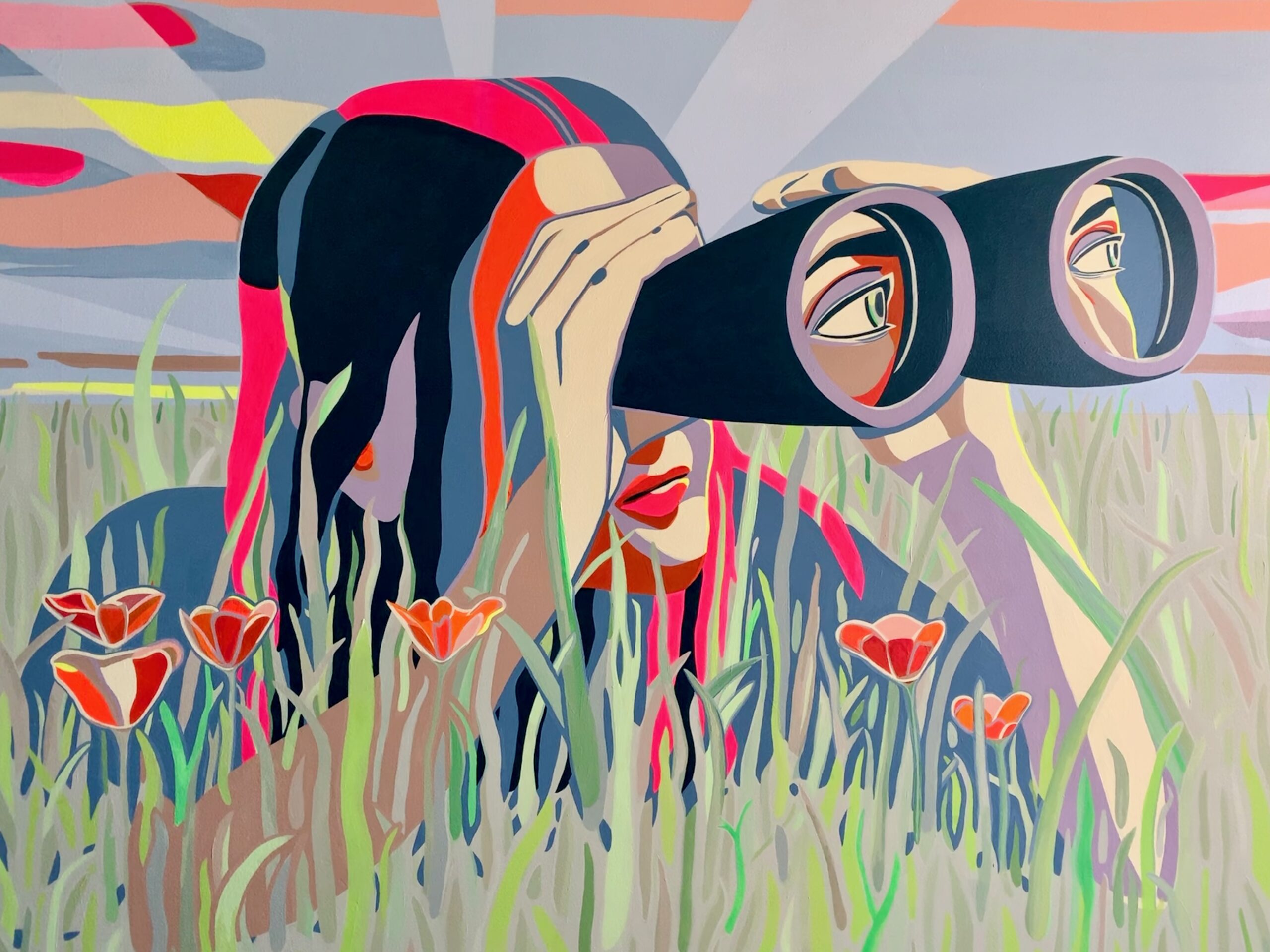 Painting of a stylized woman looking through binoculars, lying in tall grass