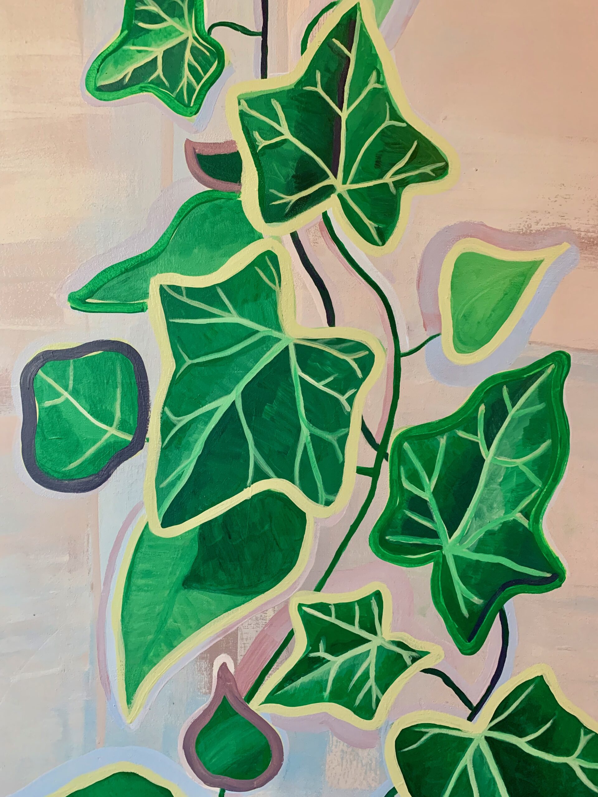 A close-up painting of stylized leaves against a lavender background